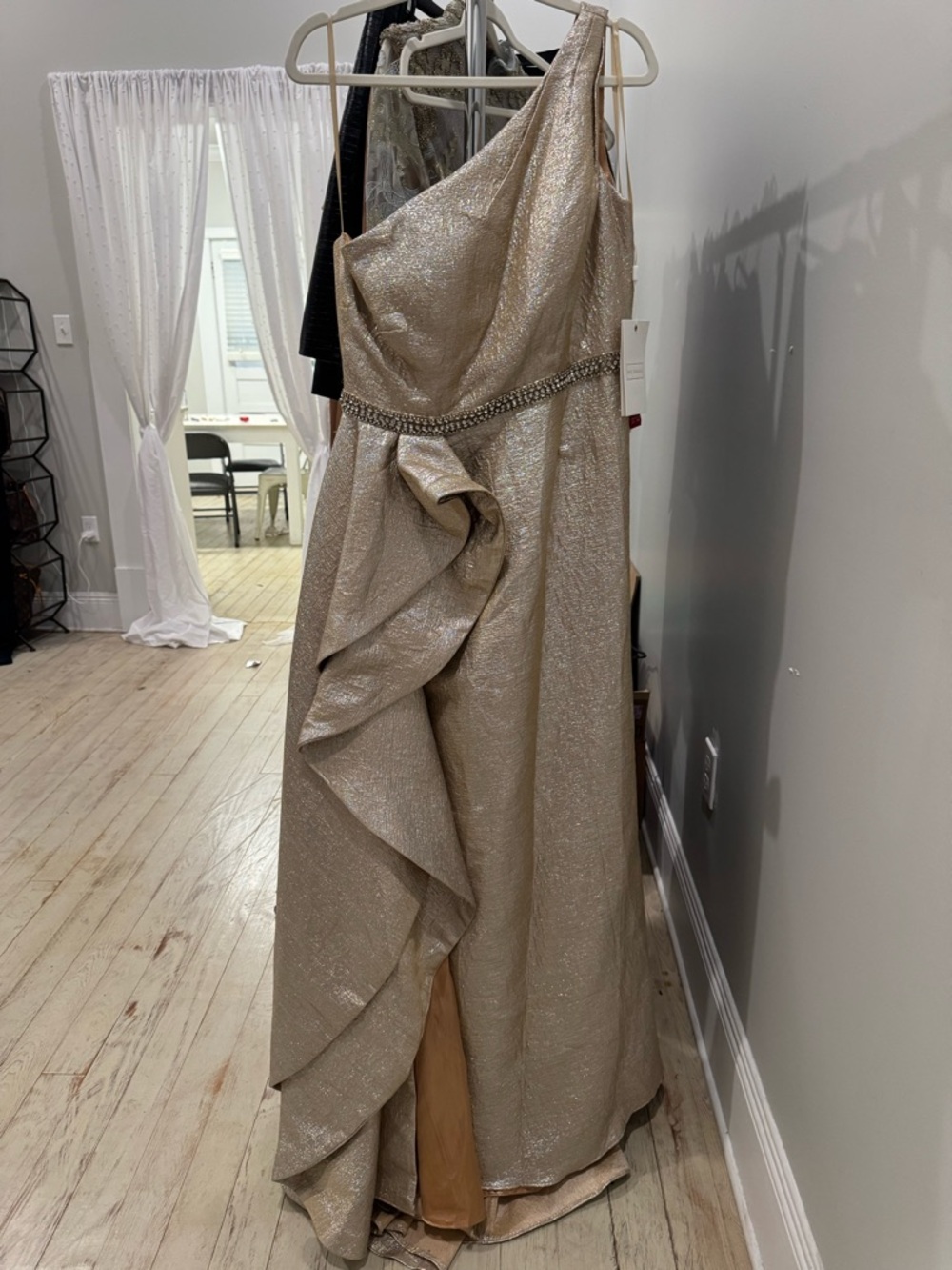 Mac Duggal One-Shoulder Metallic Evening Gown in Champagne size 10